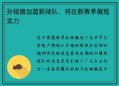 孙铭徽加盟新球队，将在新赛季展现实力