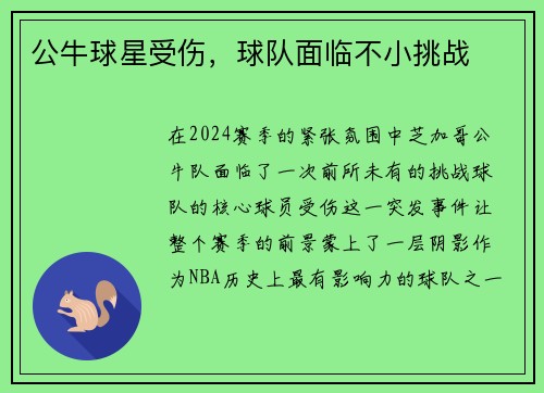 公牛球星受伤，球队面临不小挑战